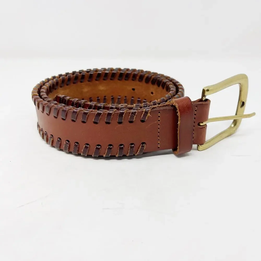 Linea Pelle Vintage Leather Braided Belt Camel Brown Gold Tone Hardware 36.5